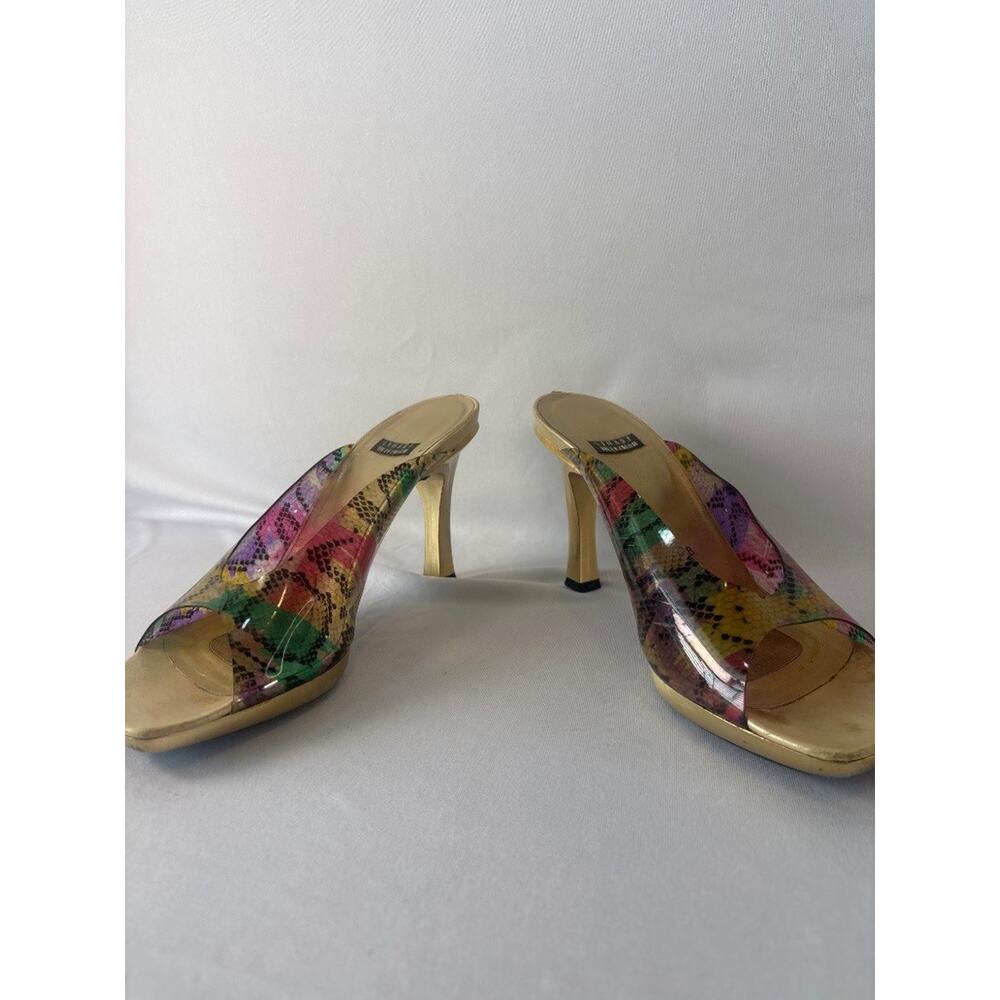 Stuart Weitzman Multicolor Snakeskin Print Gold Heel Mule Sandals Size 7B - Picture 3 of 9